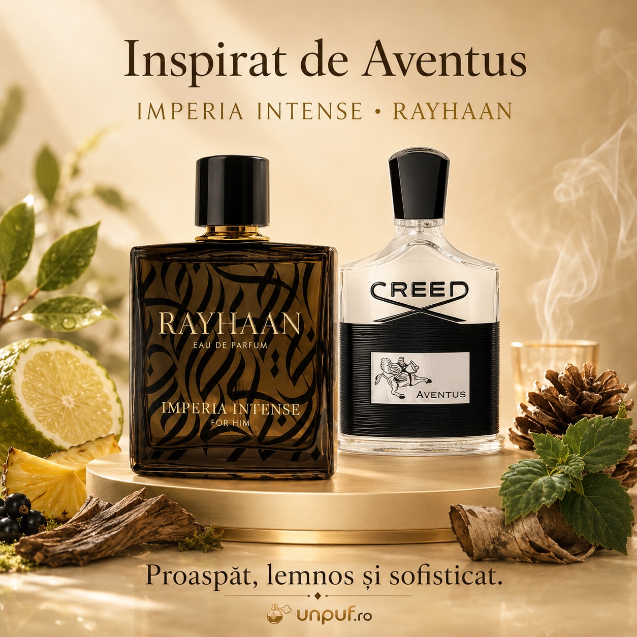 Rayhaan Imperia Intense inspirat de Aventus, parfum proaspăt, lemnos și sofisticat pentru bărbați
