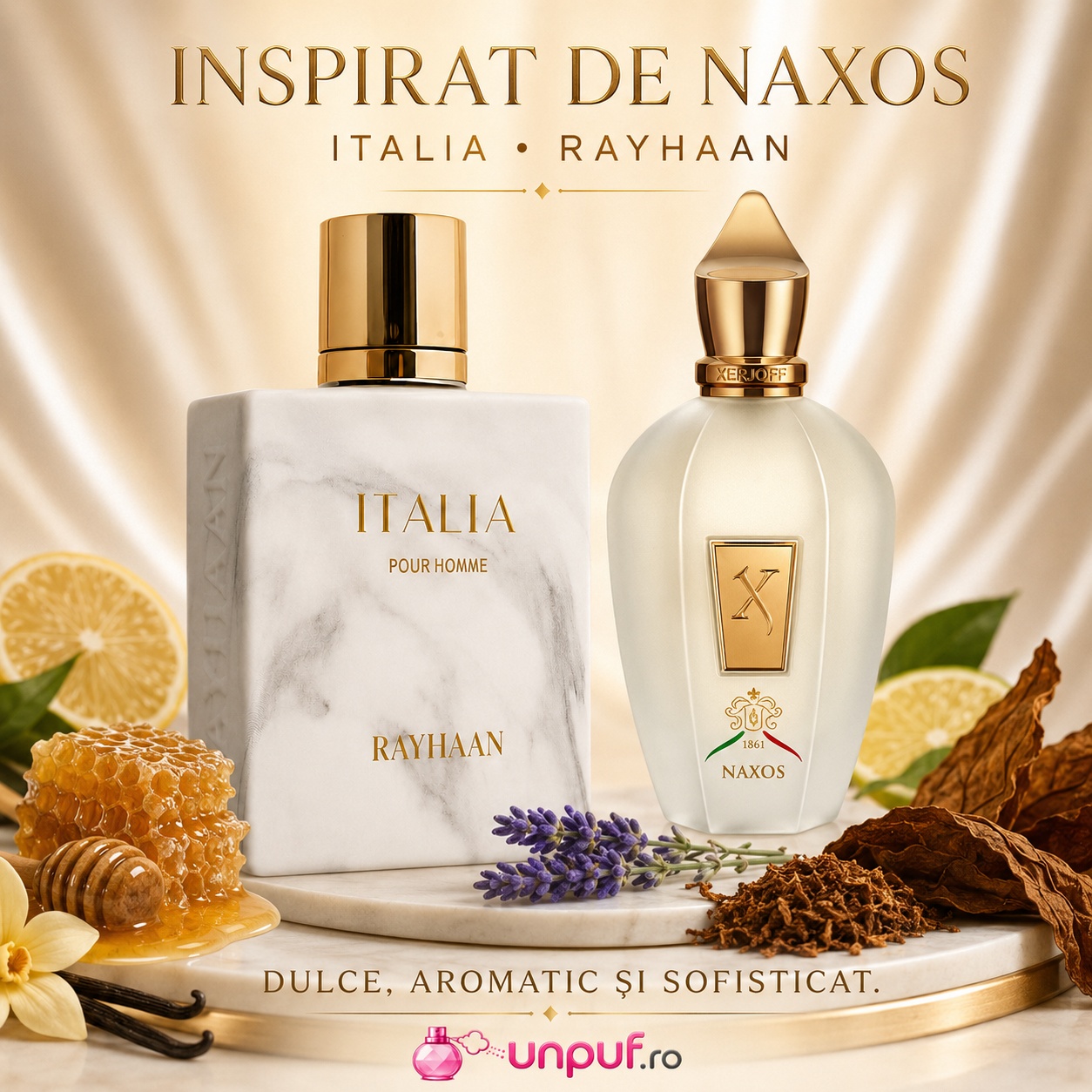Rayhaan Italia inspirat de Naxos, parfum dulce aromatic și sofisticat cu miere, tutun, lavandă și vanilie