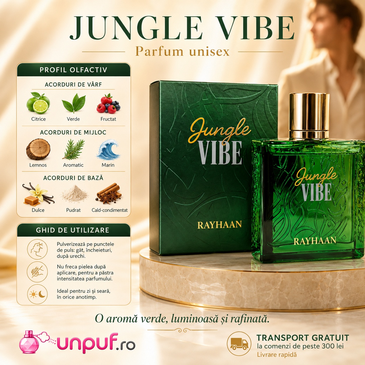 Ghid de utilizare Rayhaan Jungle Vibe parfum cu acorduri citrice, verzi, fructate, lemnoase, aromatice, marine, dulci, pudrate și cald condimentate