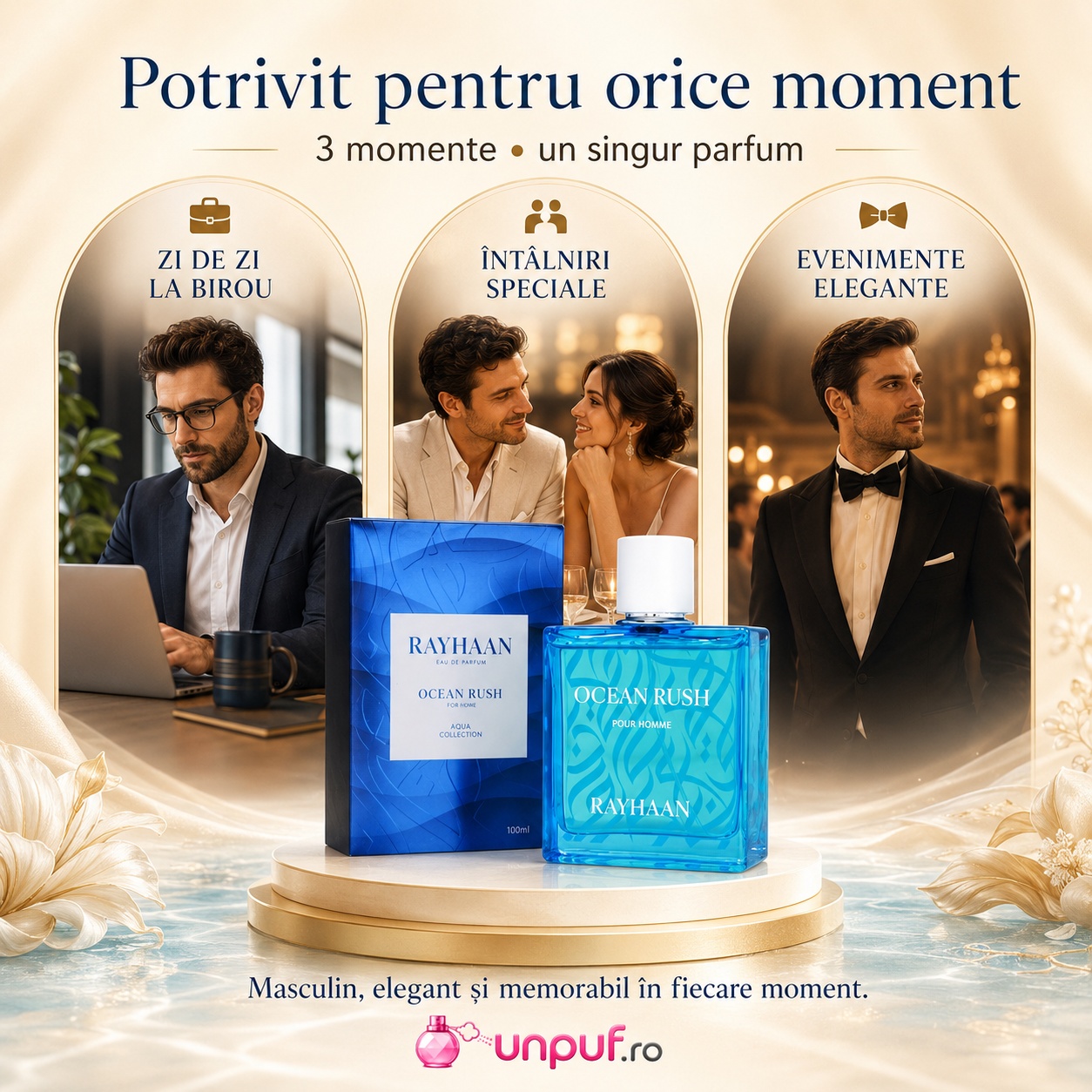 Parfum Rayhaan Ocean Rush Men potrivit pentru zi de zi la birou, &icirc;nt&acirc;lniri speciale și evenimente elegante