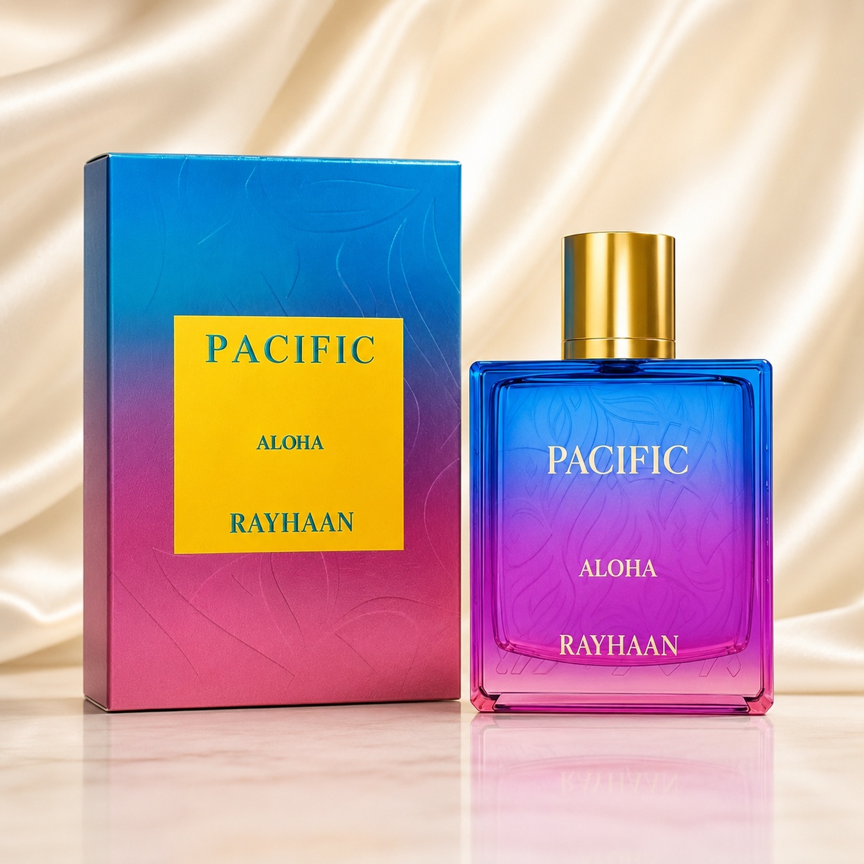 Parfum Rayhaan Pacific Aloha 100ml, sticlă albastru și roz tropical cu capac auriu și cutie premium