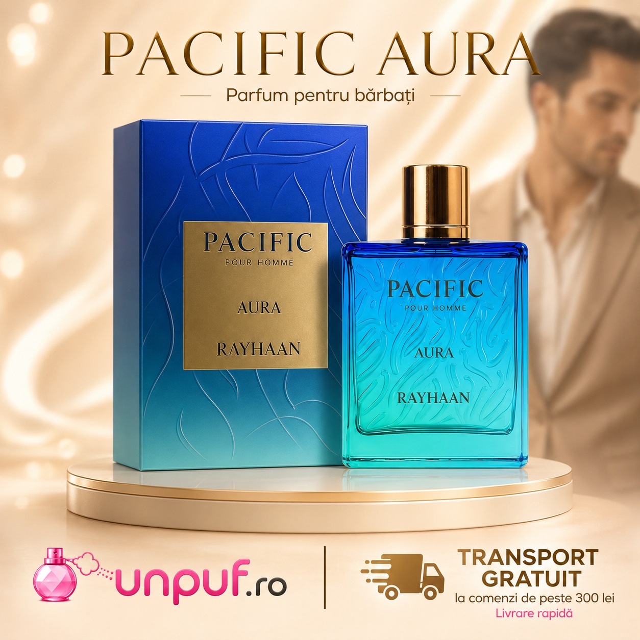Rayhaan Pacific Aura 100ml parfum bărbătesc cu prezentare premium și transport gratuit la comenzi eligibile UnPuf.ro