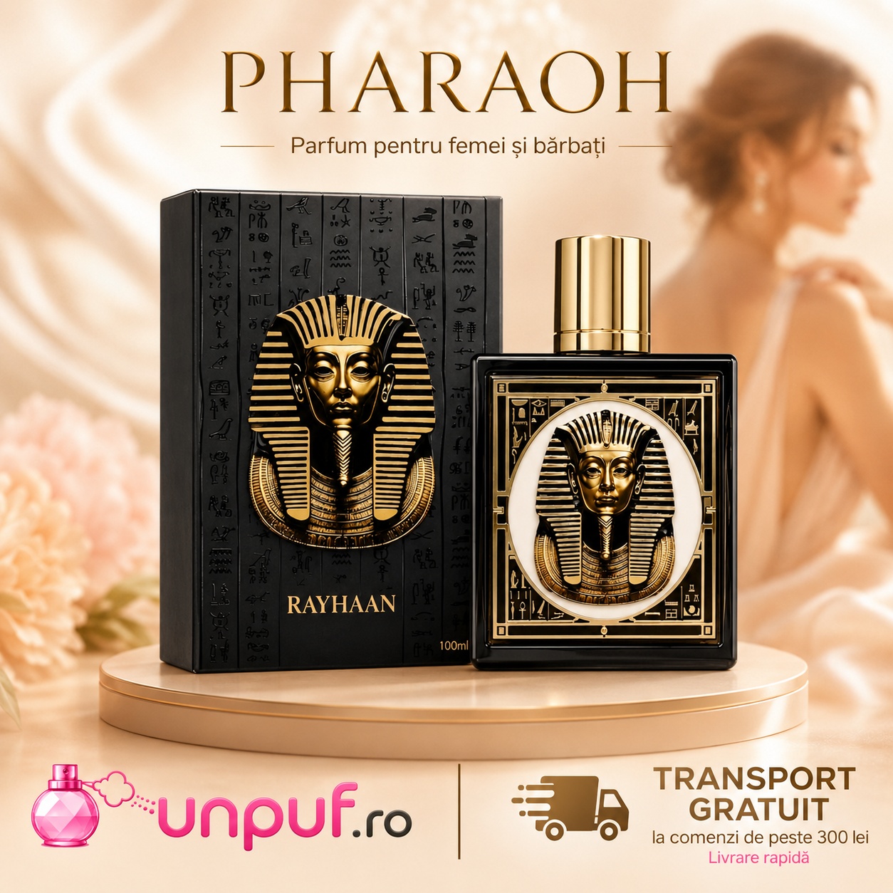 Rayhaan Pharaoh parfum pentru femei și bărbați, prezentare premium cu sticlă și cutie neagră aurie