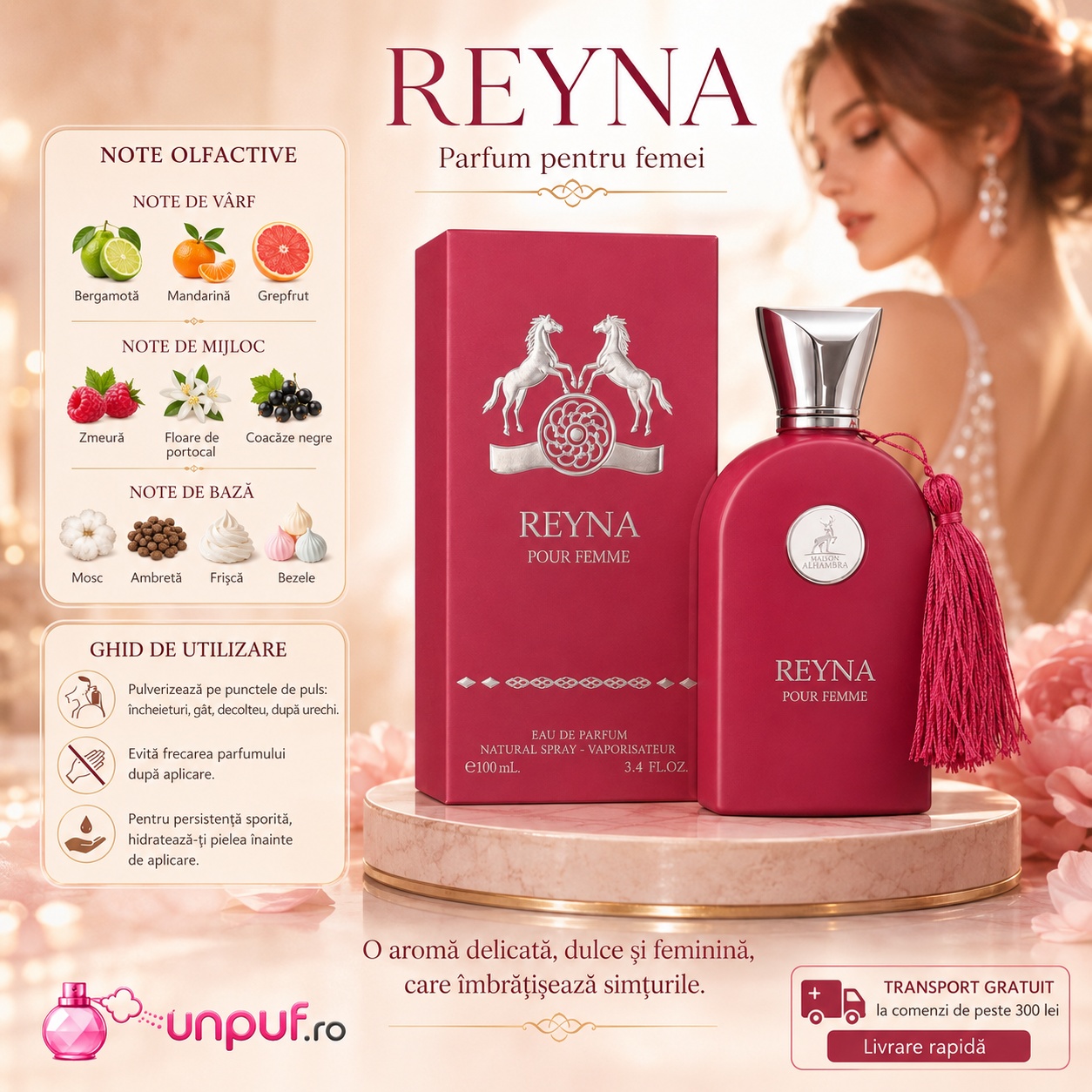 Ghid de utilizare Reyna Pour Femme Maison Alhambra cu bergamotă, mandarină, grepfrut, zmeură, floare de portocal, coacăze negre, mosc, ambretă, frișcă și bezele