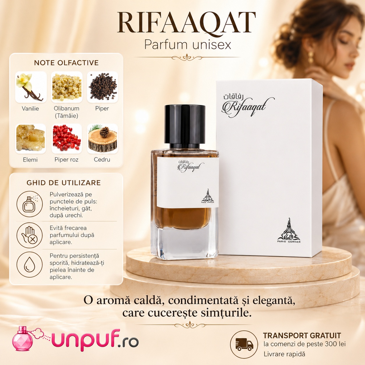Rifaaqat Paris Corner ghid de utilizare note olfactive vanilie tăm&acirc;ie piper elemi piper roz și cedru