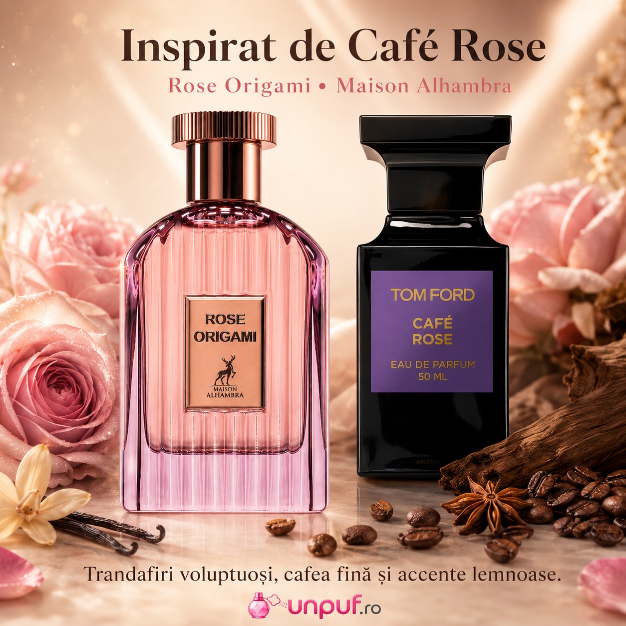 Rose Origami Maison Alhambra inspirat de Cafe Rose Tom Ford cu trandafiri, cafea fină și accente lemnoase
