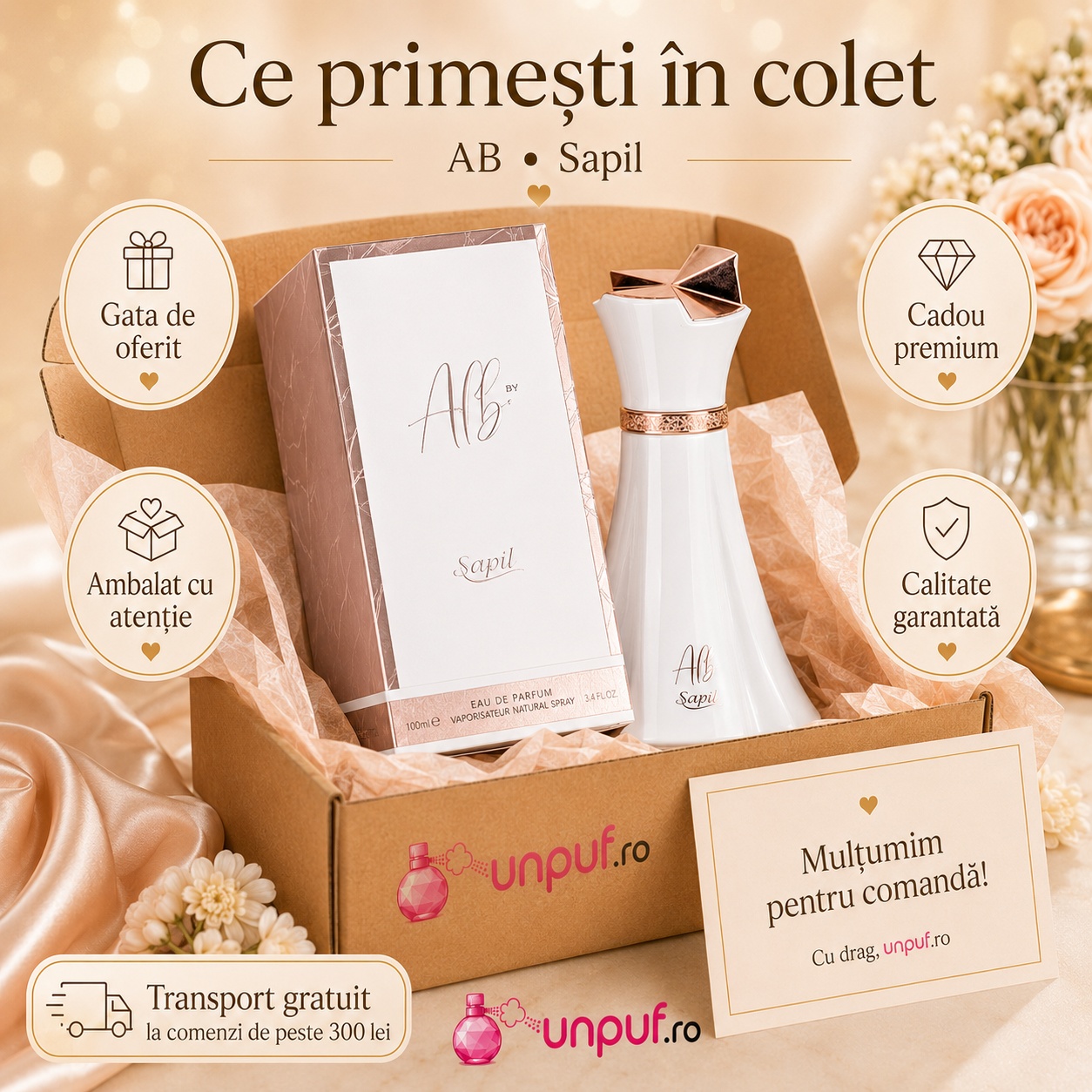 Ce primești în colet la parfumul Sapil Albi, ambalaj premium UnPuf.ro și prezentare cadou