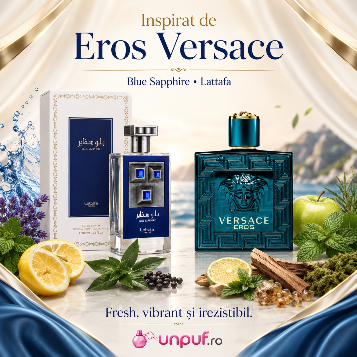 Sapphire Blue Lattafa Pride inspirat de Eros Versace parfum fresh vibrant și irezistibil
