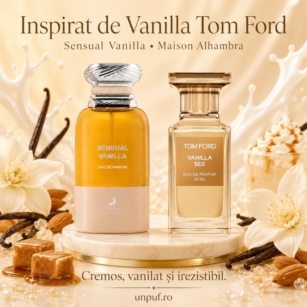Sensual Vanilla Maison Alhambra inspirat de Vanilla Sex Tom Ford parfum cremos vanilat și irezistibil