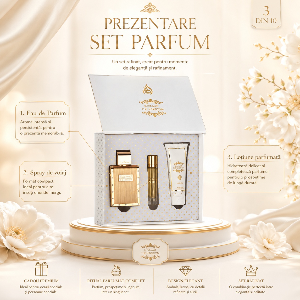 Prezentare Lattafa Kingdom For Man cu parfum principal, spray de călătorie și gel de duș