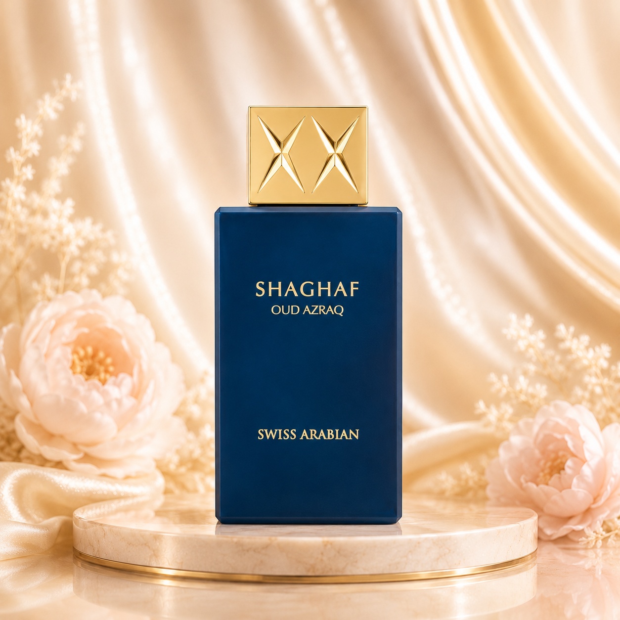 Flacon Shaghaf Oud Azraq Swiss Arabian 75 ml bleumarin cu capac auriu sculptural și design premium