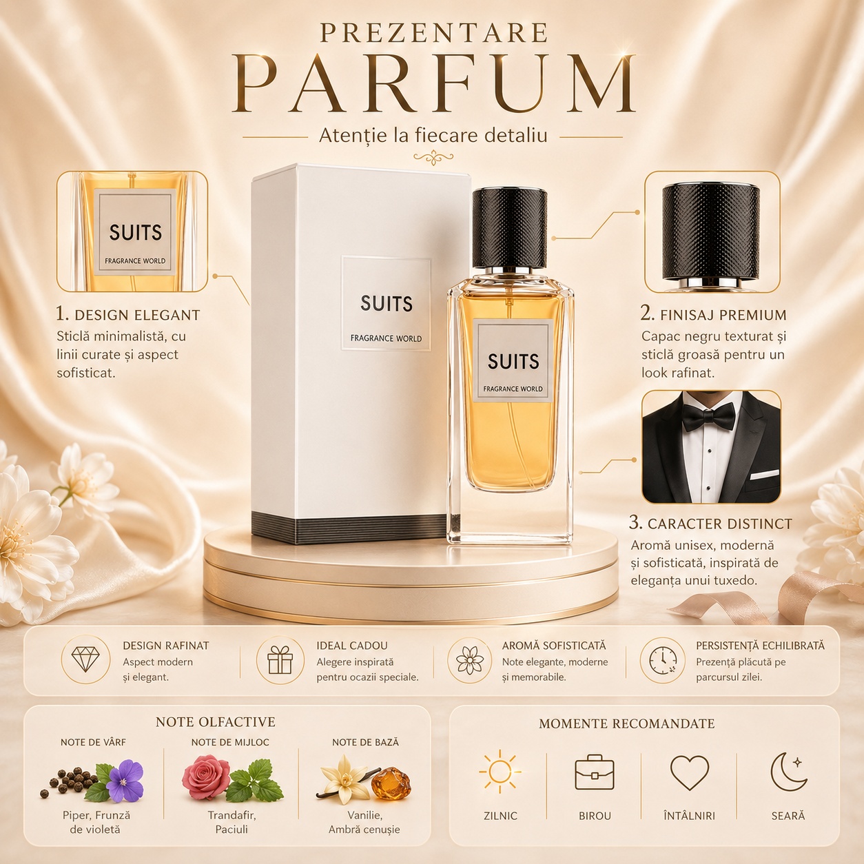 Prezentare parfum Suits Fragrance World cu detalii despre design, note olfactive și momente recomandate