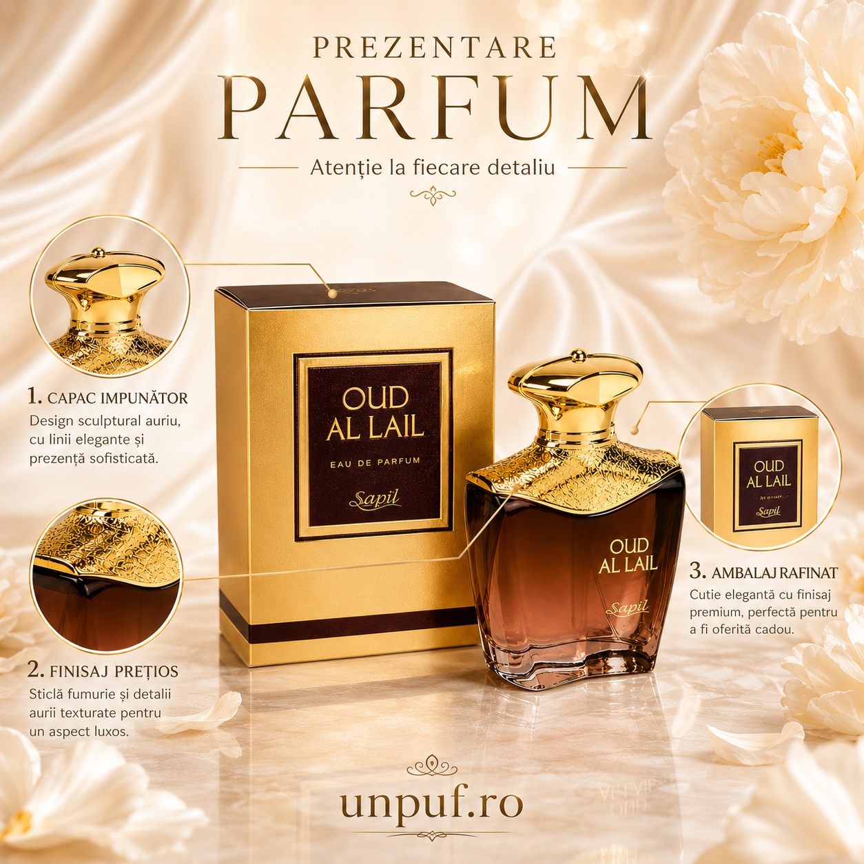 Prezentare parfum Oud Al Lail Sapil cu detalii despre capac, finisaj prețios și ambalaj rafinat