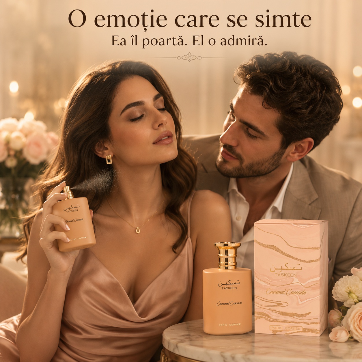 Taskeen Caramel Cascade Paris Corner parfum unisex romantic pentru momente speciale și &icirc;nt&acirc;lniri elegante
