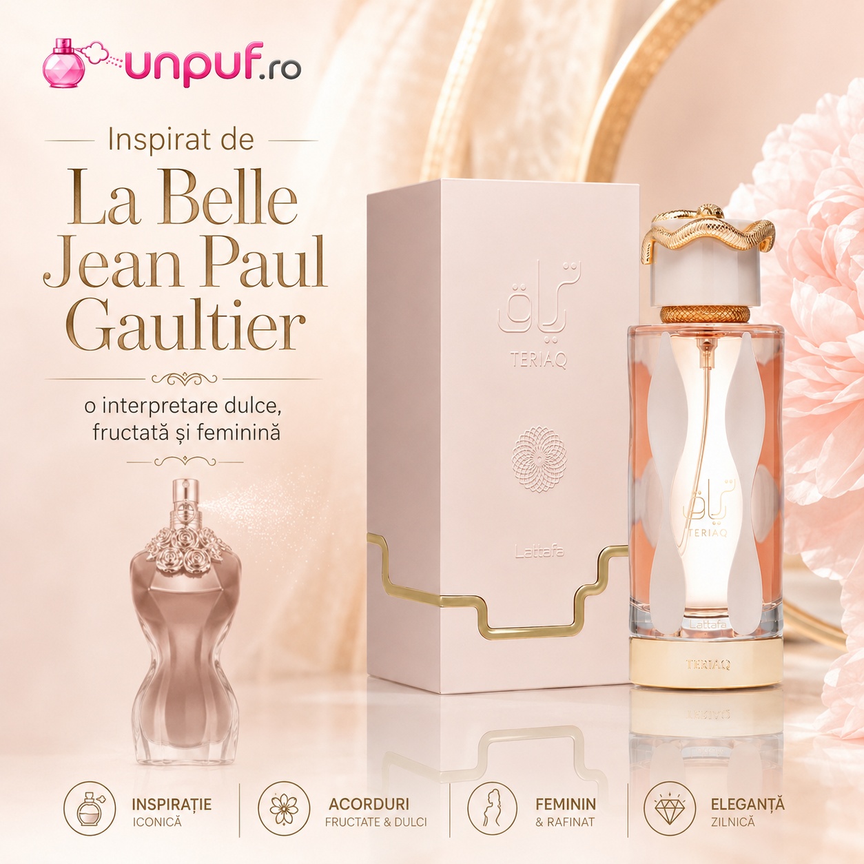 Teriaq Lattafa inspirat de La Belle Jean Paul Gaultier, parfum dulce, fructat și feminin