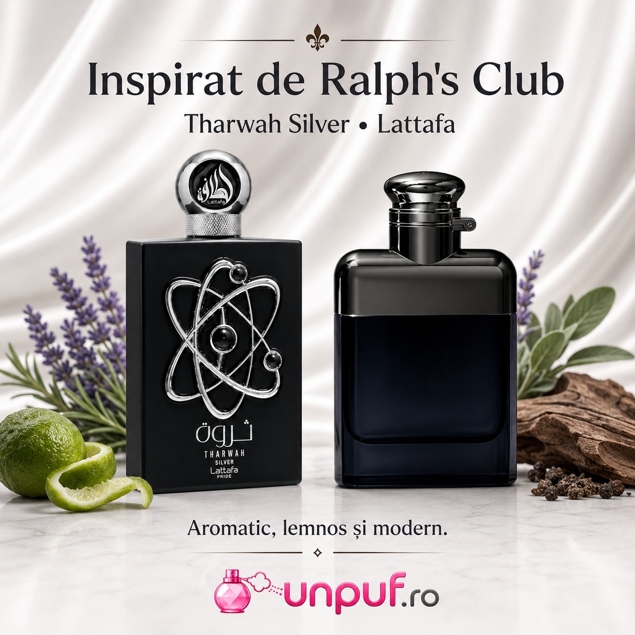 Tharwah Silver Lattafa Pride inspirat de Ralph&rsquo;s Club parfum aromatic lemnos și modern
