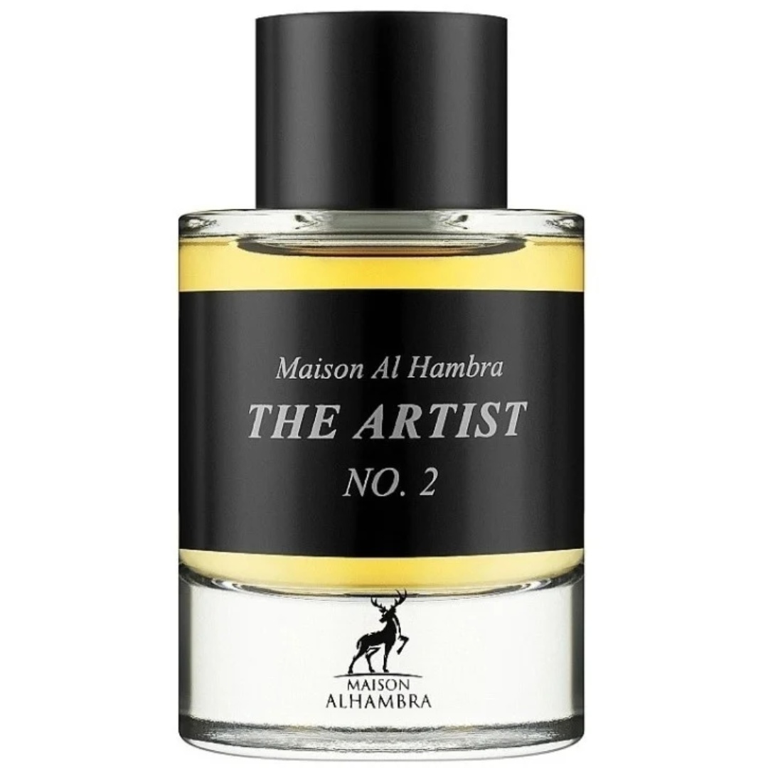 Flacon The Artist No. 2 Maison Alhambra 100 ml cu lichid auriu, etichetă neagră și capac negru