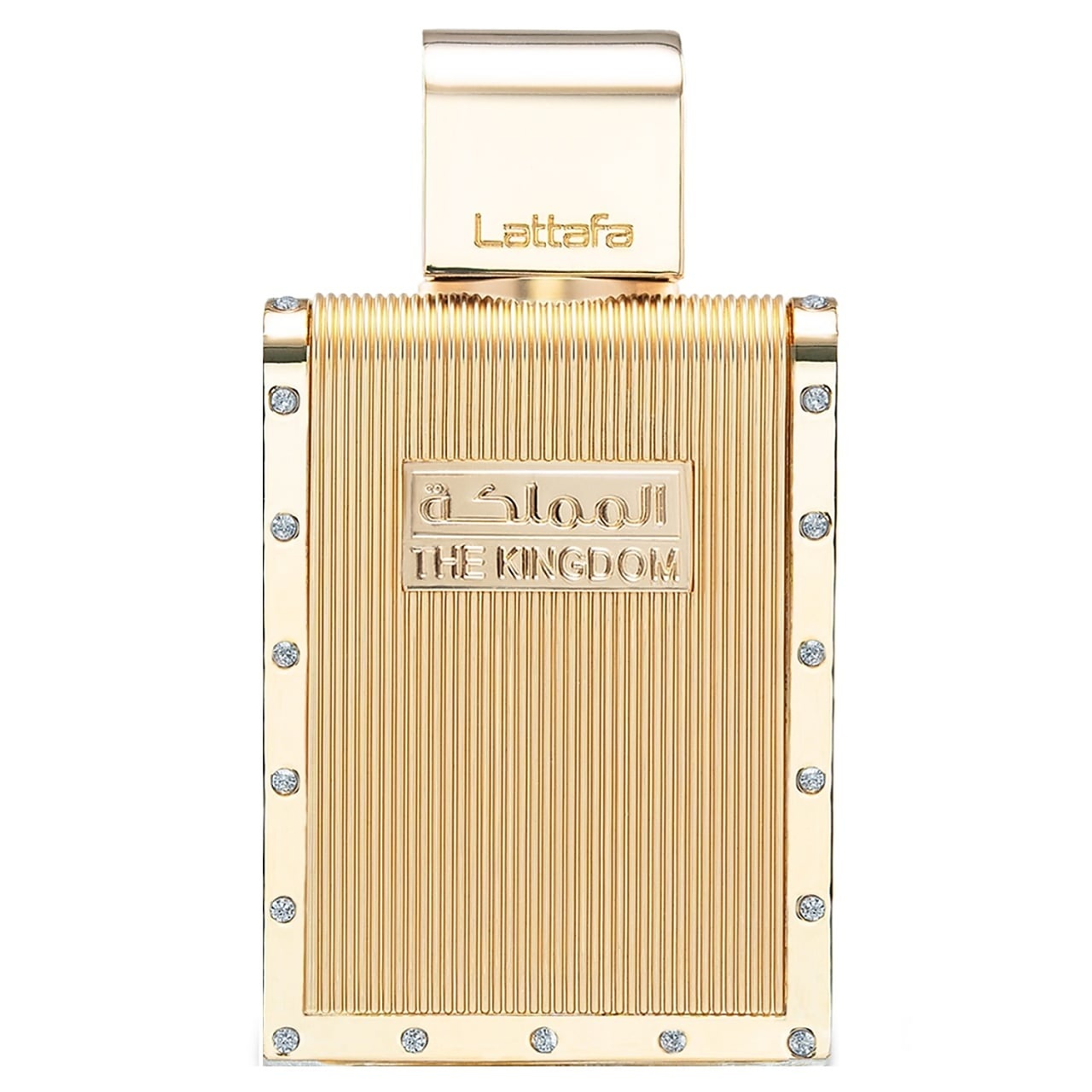 Flacon The Kingdom Men Lattafa 100 ml auriu regal cu detalii striate și pietre decorative