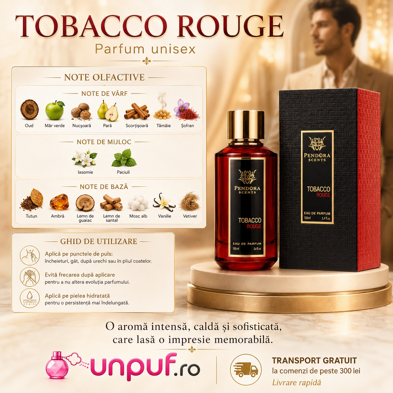 Tobacco Rouge Pendora Scents note olfactive cu oud, măr verde, nucșoară, pară, scorțișoară, tămâie, șofran, iasomie, paciuli, tutun și vanilie