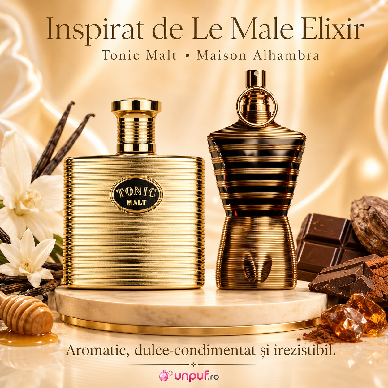 Tonic Malt Maison Alhambra inspirat de Le Male Elixir, parfum aromatic dulce-condimentat și irezistibil pentru bărbați
