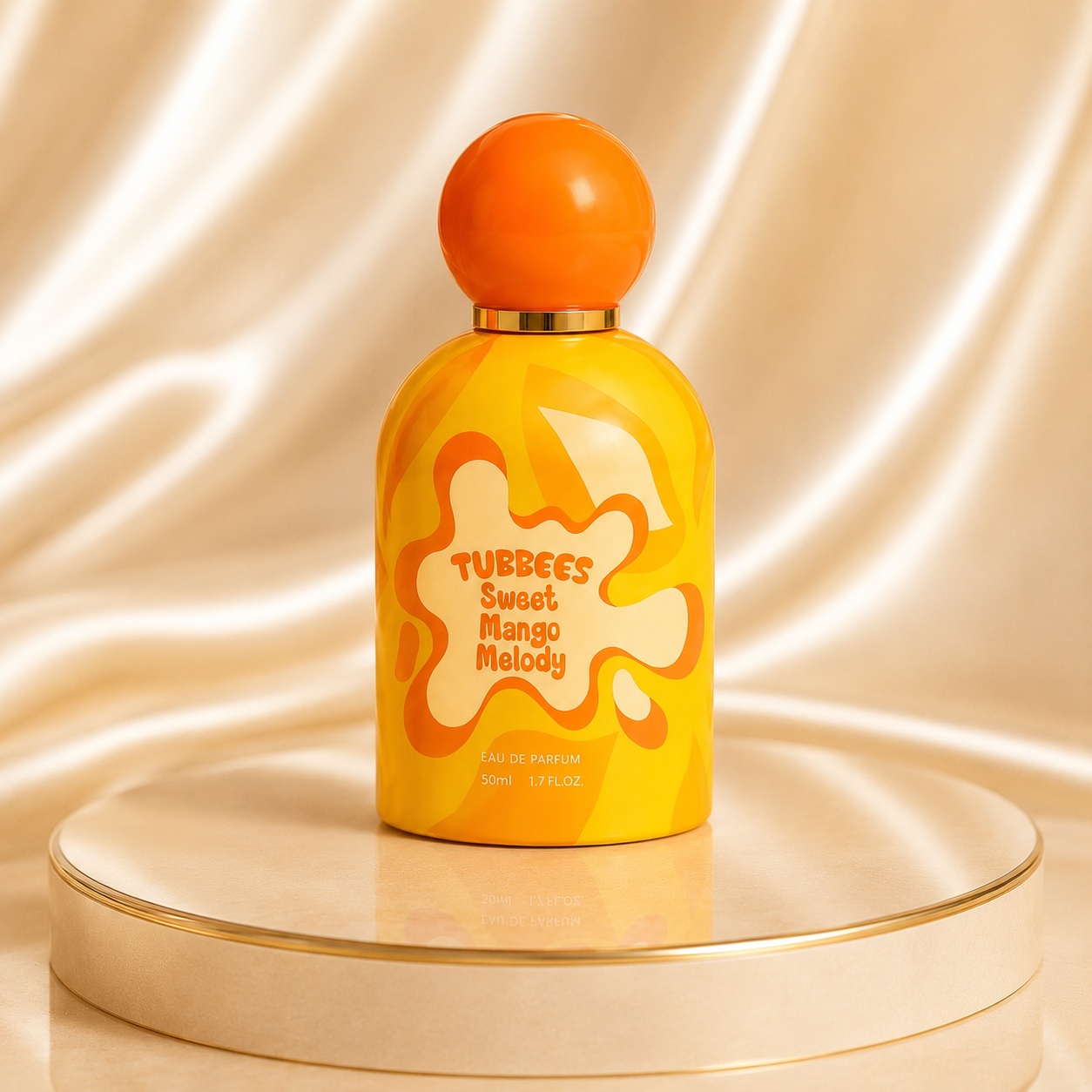 Flacon Tubbees Sweet Mango Melody 50 ml galben portocaliu cu capac rotund lucios și design tropical cu mango