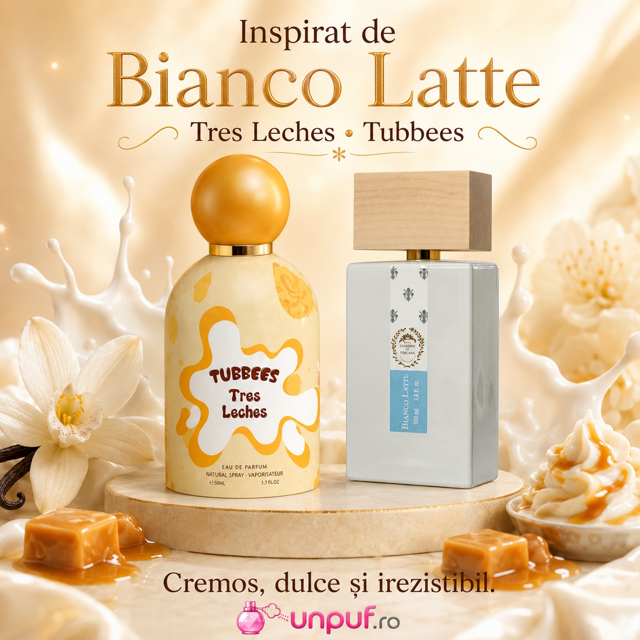 Tubbees Tres Leches parfum gourmand lactonic cu lapte vanilie caramel zahăr acord cremos pudrat și balsamic