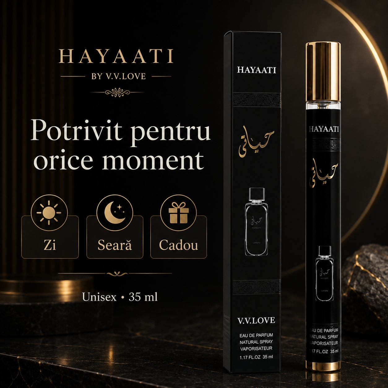 Parfum Hayaati 35 ml potrivit pentru zi seară și cadou parfum unisex arabesc