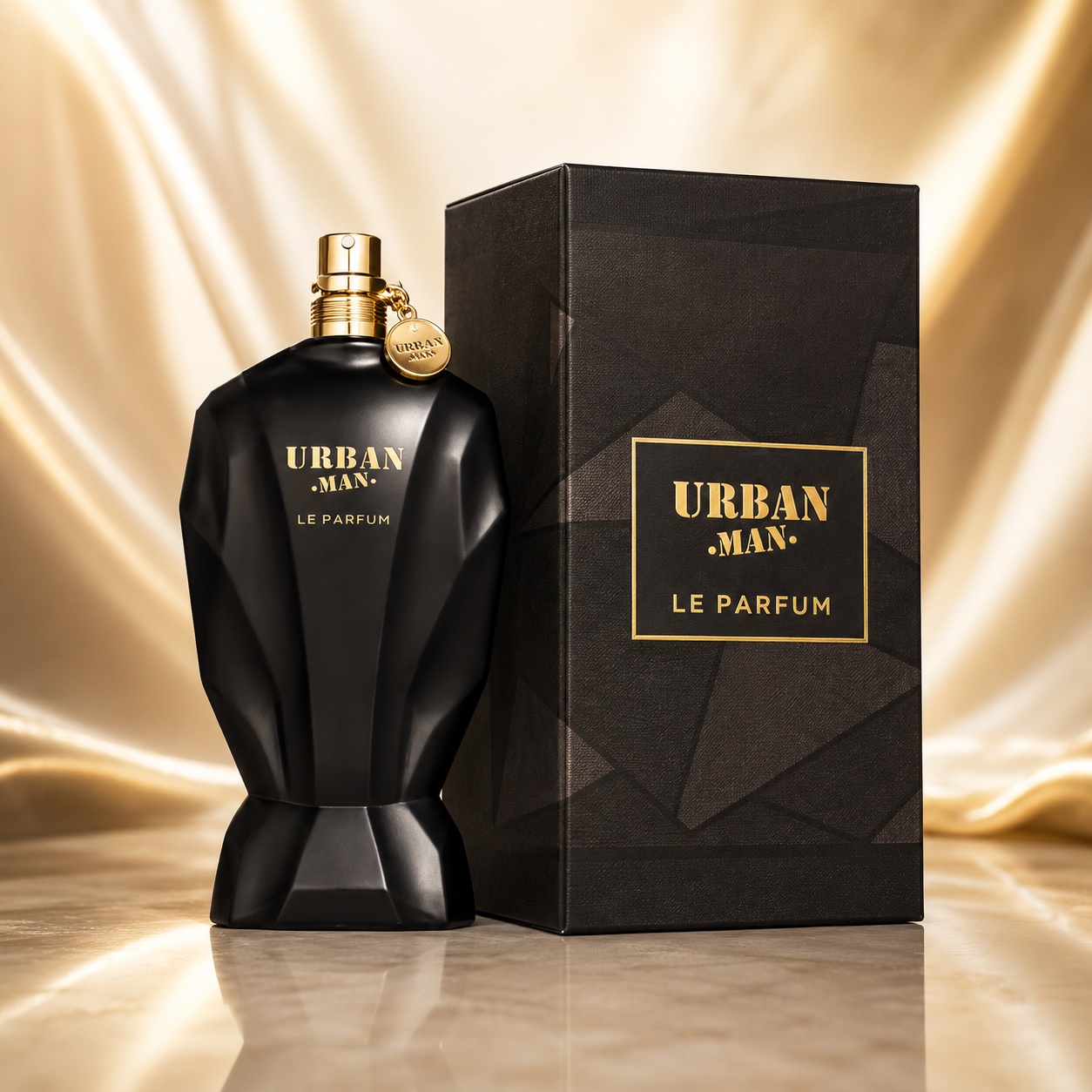 Parfum Arăbesc Urban Man Le Parfum Fragrance World 90 ml cu flacon negru mat și cutie neagră premium cu detalii aurii