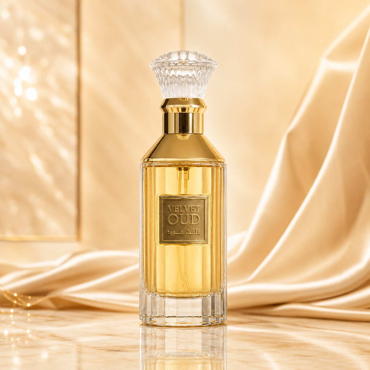 Flacon Velvet Oud Lattafa 100 ml parfum bărbătesc cu lichid auriu, capac transparent și detalii premium