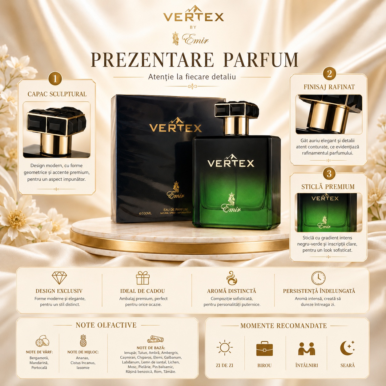 Prezentare parfum Vertex Emir cu flacon verde negru, cutie premium, note olfactive și momente recomandate