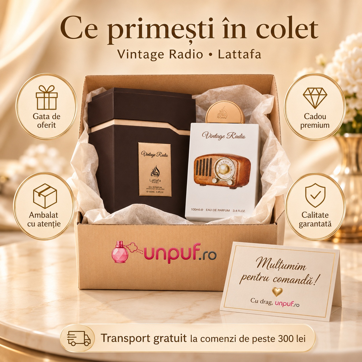 Ce primești &icirc;n colet Vintage Radio Lattafa Pride parfum arabesc unisex ambalat cu atenție de unpuf.ro, gata de oferit cadou