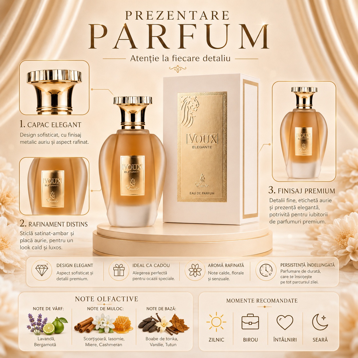 Prezentare parfum Voux Elegante Emir cu note de lavandă bergamotă scorțișoară iasomie miere tonka vanilie și tutun