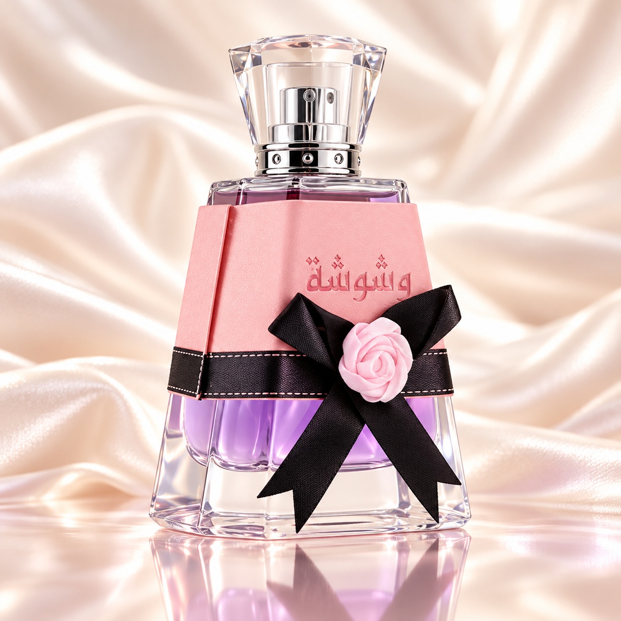 Flacon Washwashah Lattafa Eau de Parfum 100 ml cu lichid violet roz fundă neagră și floare decorativă