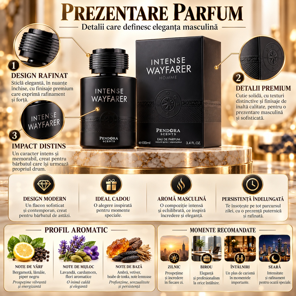 Prezentare detaliată Wayfarer Homme Intense Pendora Scents cu flacon negru cutie și note olfactive