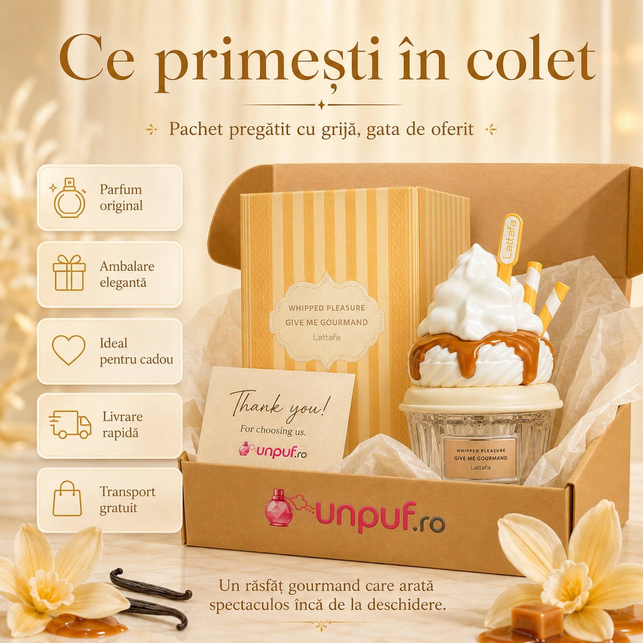 Ce primești &icirc;n colet Whipped Pleasure Lattafa 75 ml parfum unisex ambalat cu atenție cadou premium