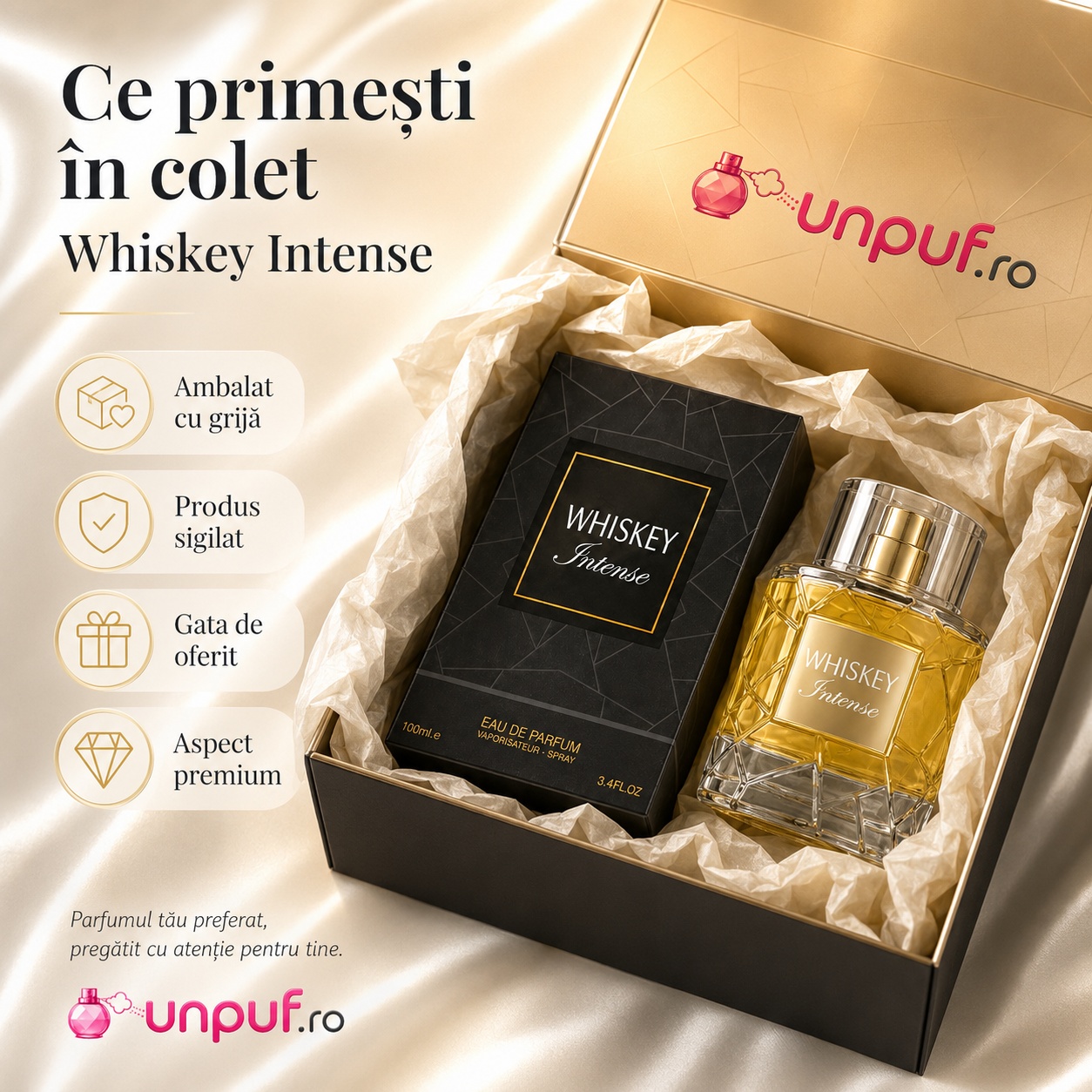 Ce primești &icirc;n colet Parfum Whiskey Intense Fragrance World 100 ml ambalat cu atenție gata de oferit cadou