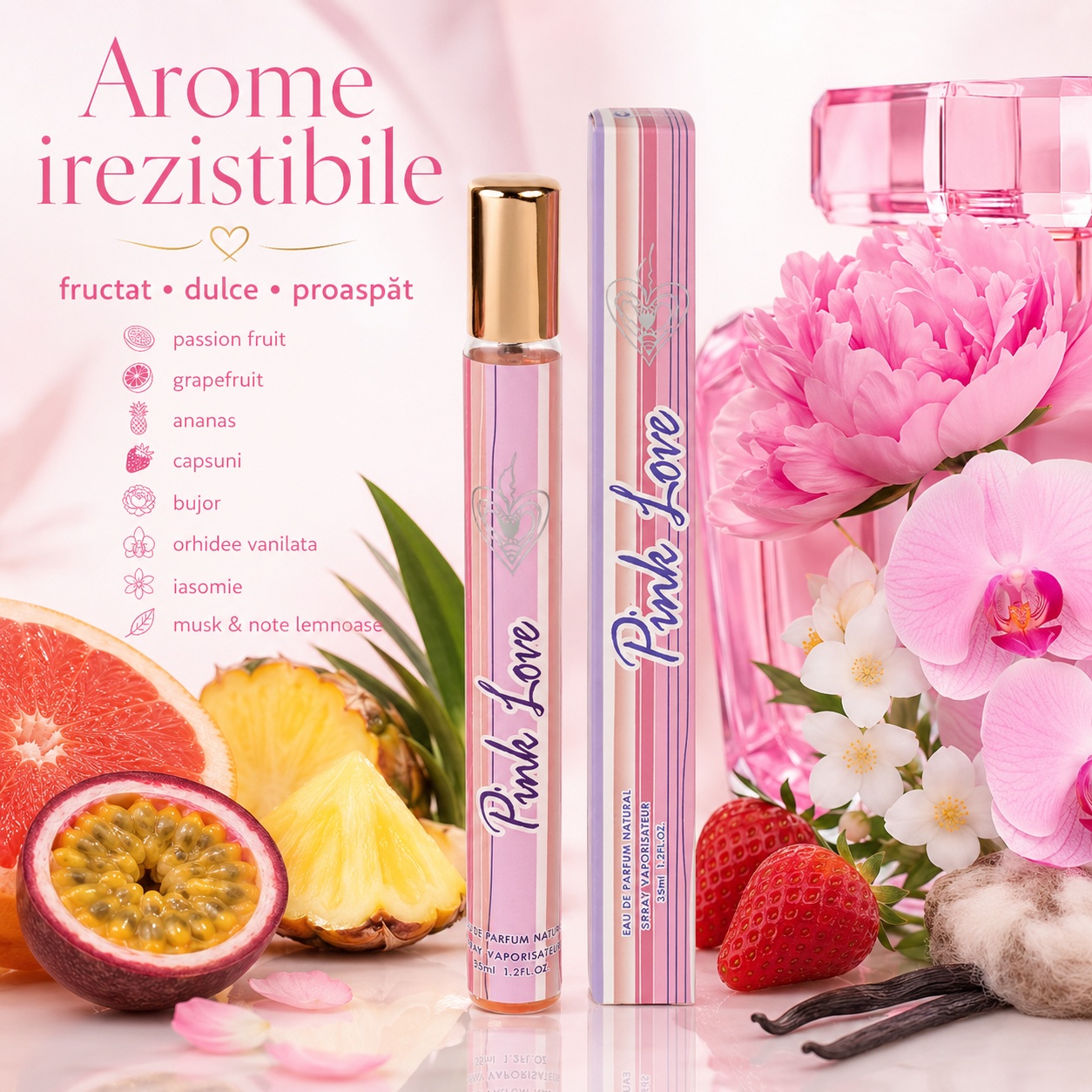 Pink Love 35 ml arome irezistibile fructat dulce proaspăt cu note de passion fruit grapefruit ananas căpșuni bujor orhidee iasomie mosc și note lemnoase