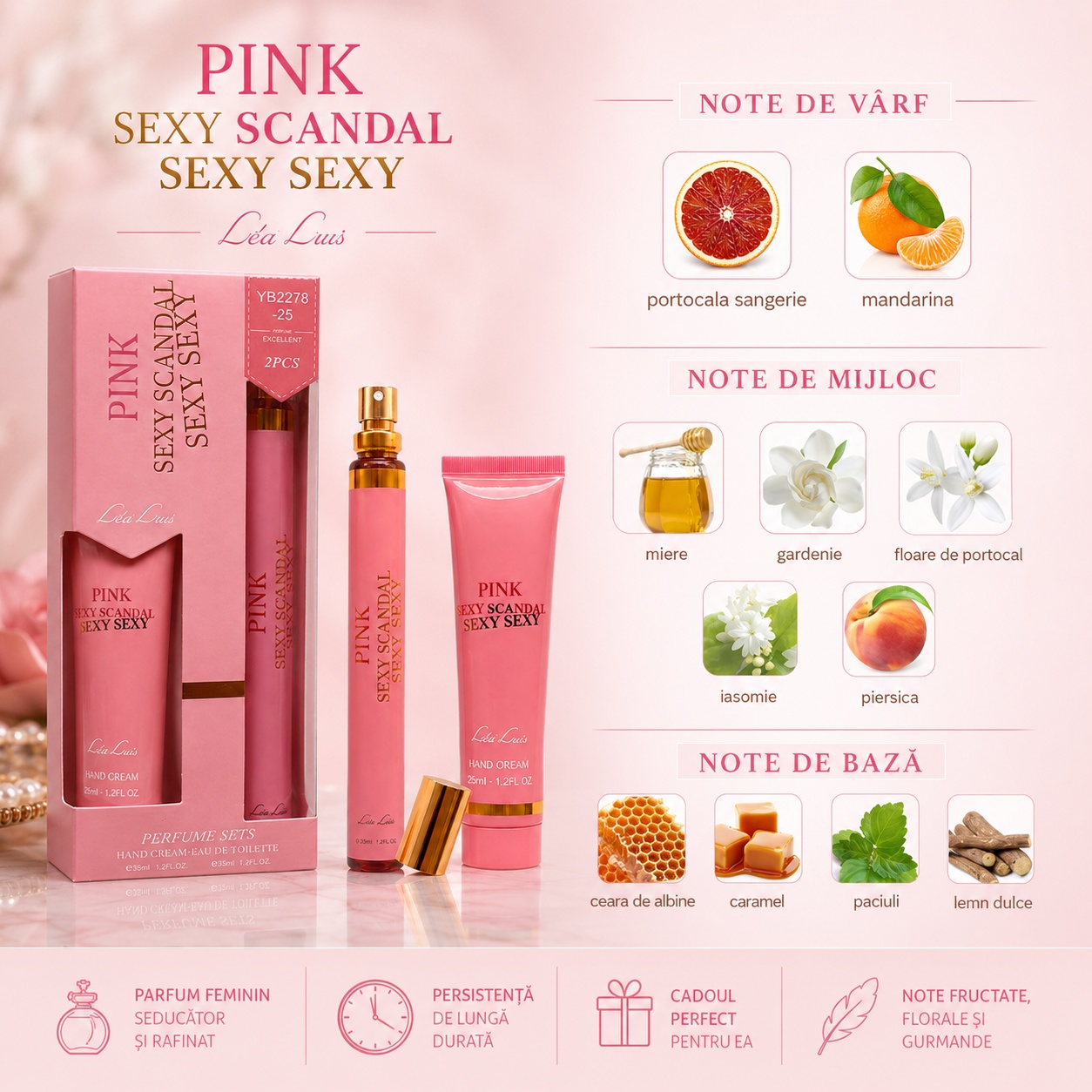 Note olfactive Pink Sexy Scandal Sexy Sexy portocală s&acirc;ngerie mandarină miere gardenie floare de portocal iasomie piersică ceară de albine caramel paciuli lemn dulce