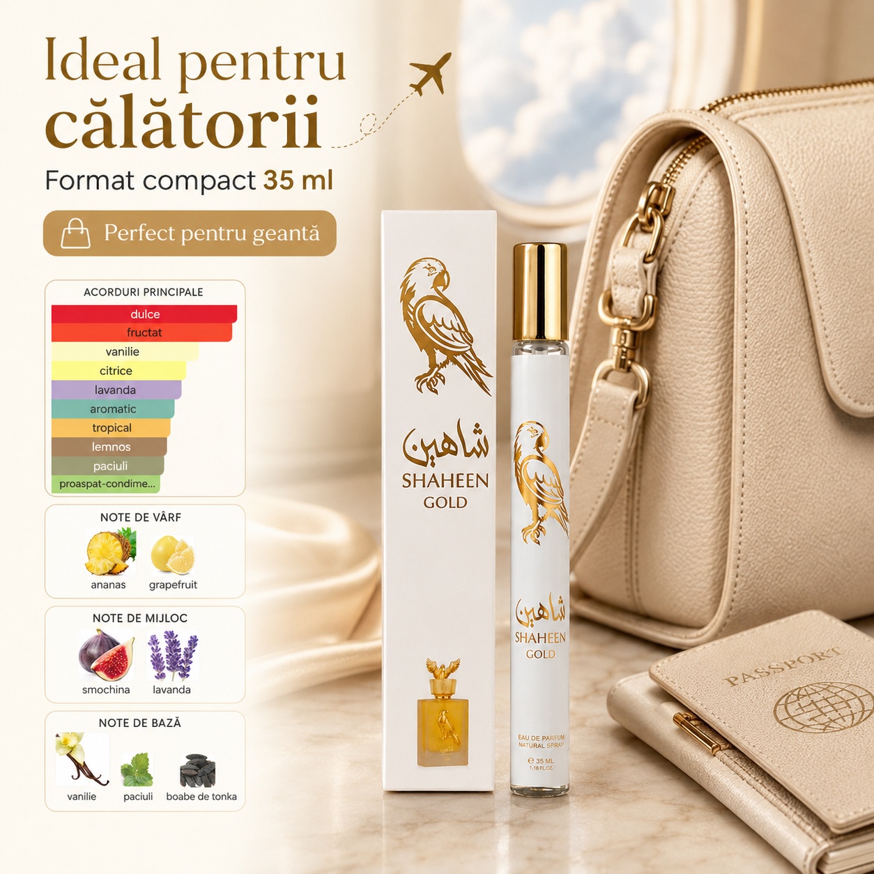 Shaheen Gold 35 ml ideal pentru călătorii format compact perfect pentru geantă și bagaj