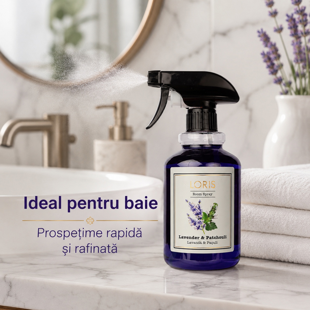 Spray Odorizant Loris Pafum Lavander și Patchouli ideal pentru baie prospețime rapidă și rafinată