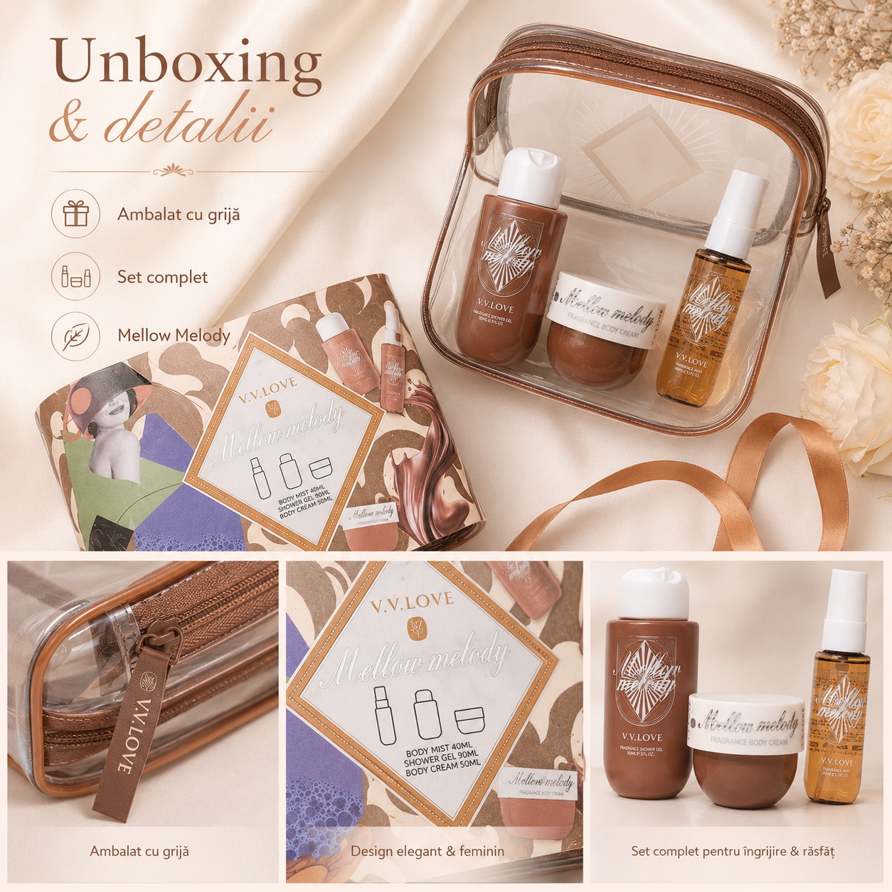 Unboxing și detalii Travel Kit V.V. Love Mellow Melody ambalat cu grijă set complet