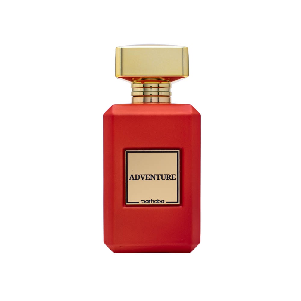 Flacon Adventure Marhaba Eau de Parfum 100 ml pe fundal alb cu sticlă roșie mată și capac auriu