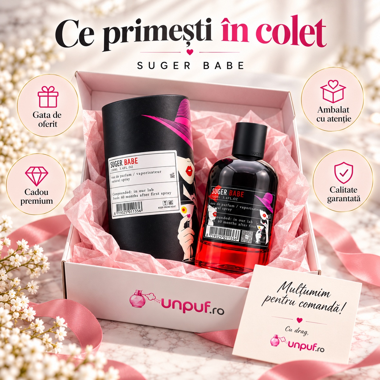 Ce primești în colet Aro-Fac Suger Babe Eau de Parfum 100 ml ambalat premium pentru cadou