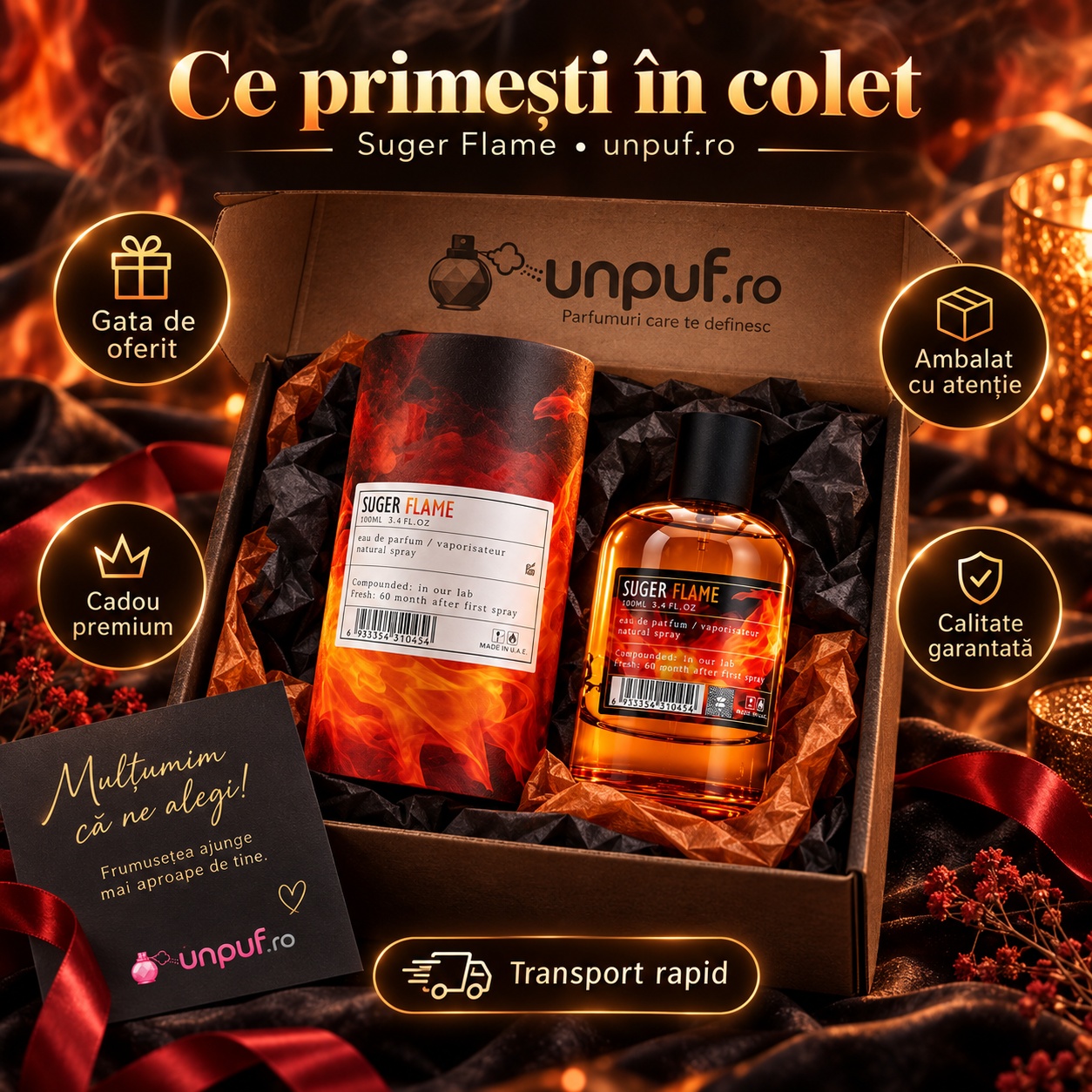 Ce primești în colet Aro-Fac Suger Flame Eau de Parfum 100 ml ambalat premium pentru cadou