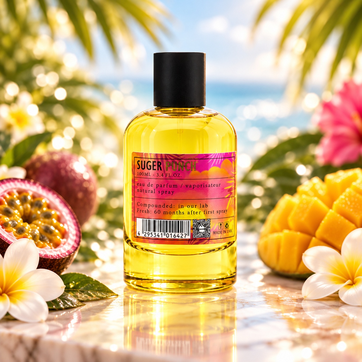 Flacon Aro-Fac Suger Punch parfum de damă 100 ml cu lichid galben și etichetă roz tropicală