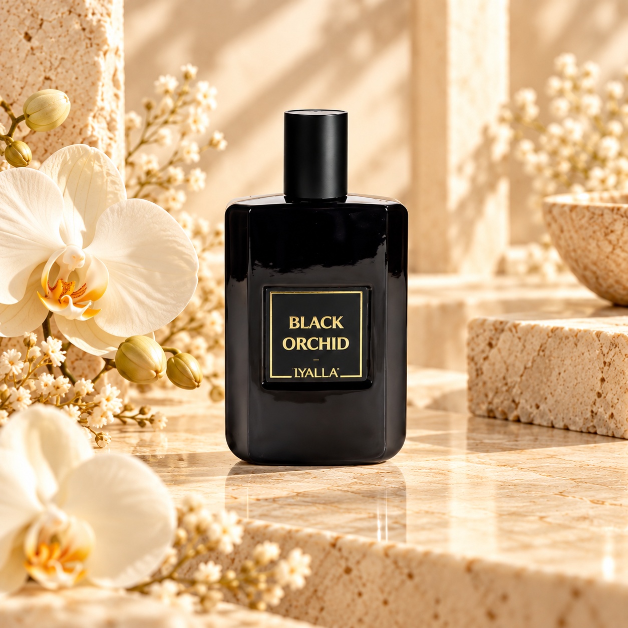 Flacon Black Orchid Yalla parfum unisex 50 ml cu design negru elegant și etichetă aurie