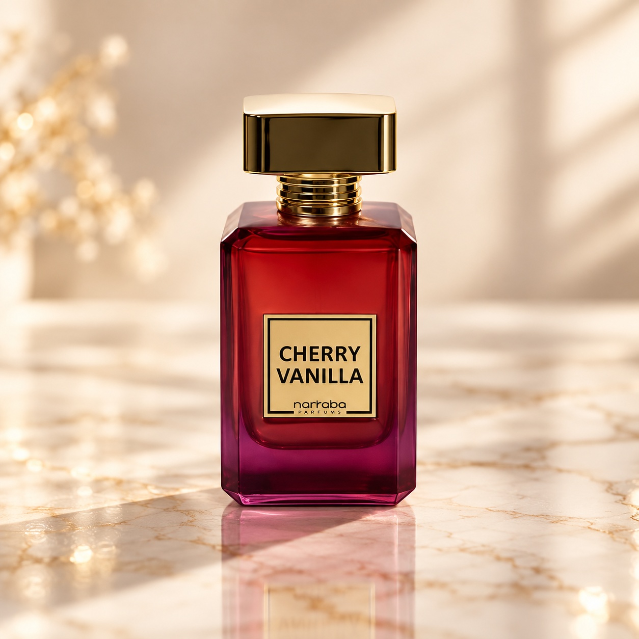 Flacon Cherry Vanilla Marhaba parfum 100 ml roșu rubiniu cu capac auriu și etichetă elegantă