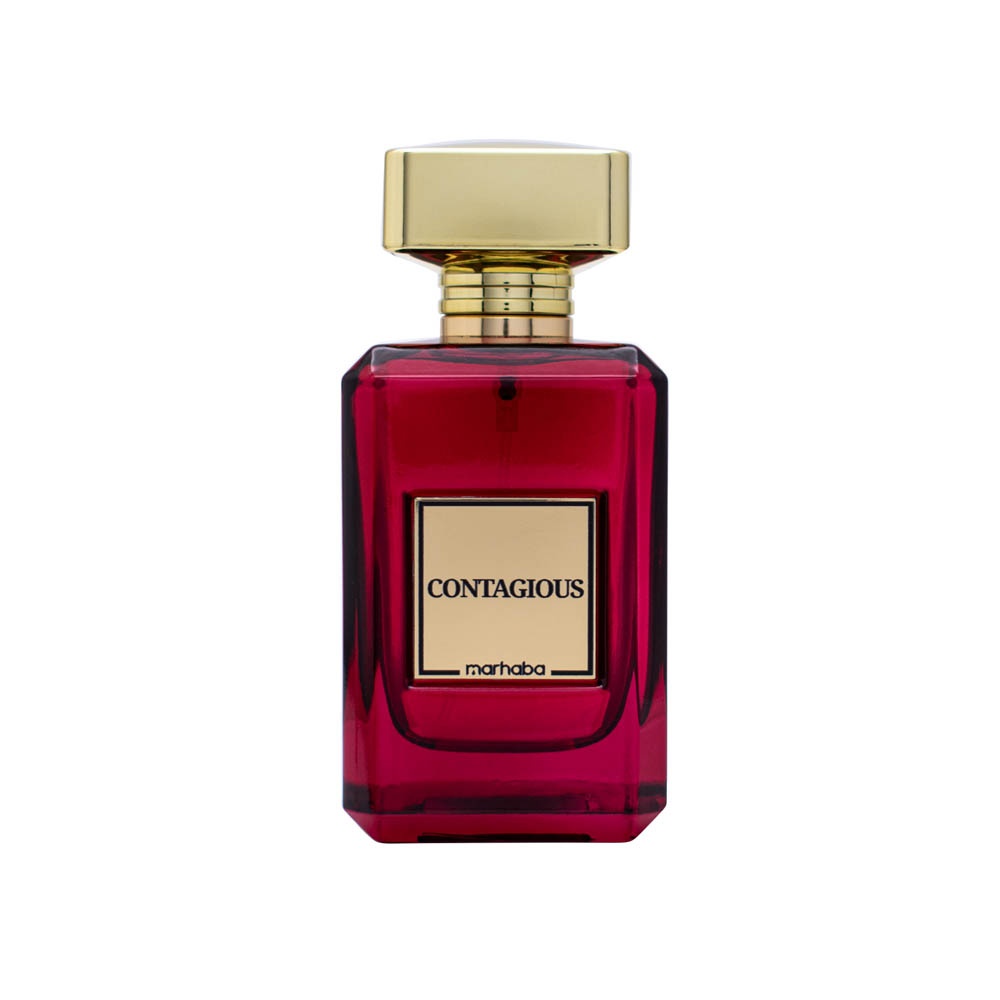 Flacon Contagious Marhaba Eau de Parfum 100 ml pe fundal alb cu sticlă roșie și capac auriu