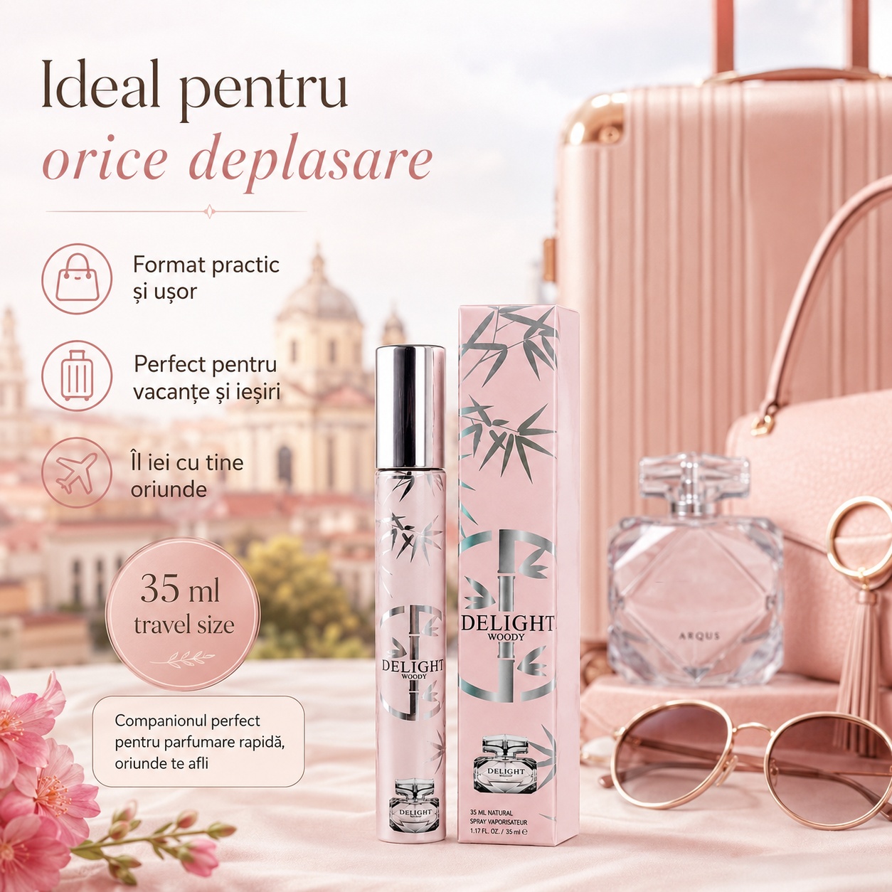 Delight Woody 35 ml ideal pentru deplasare vacanțe și ieșiri travel size