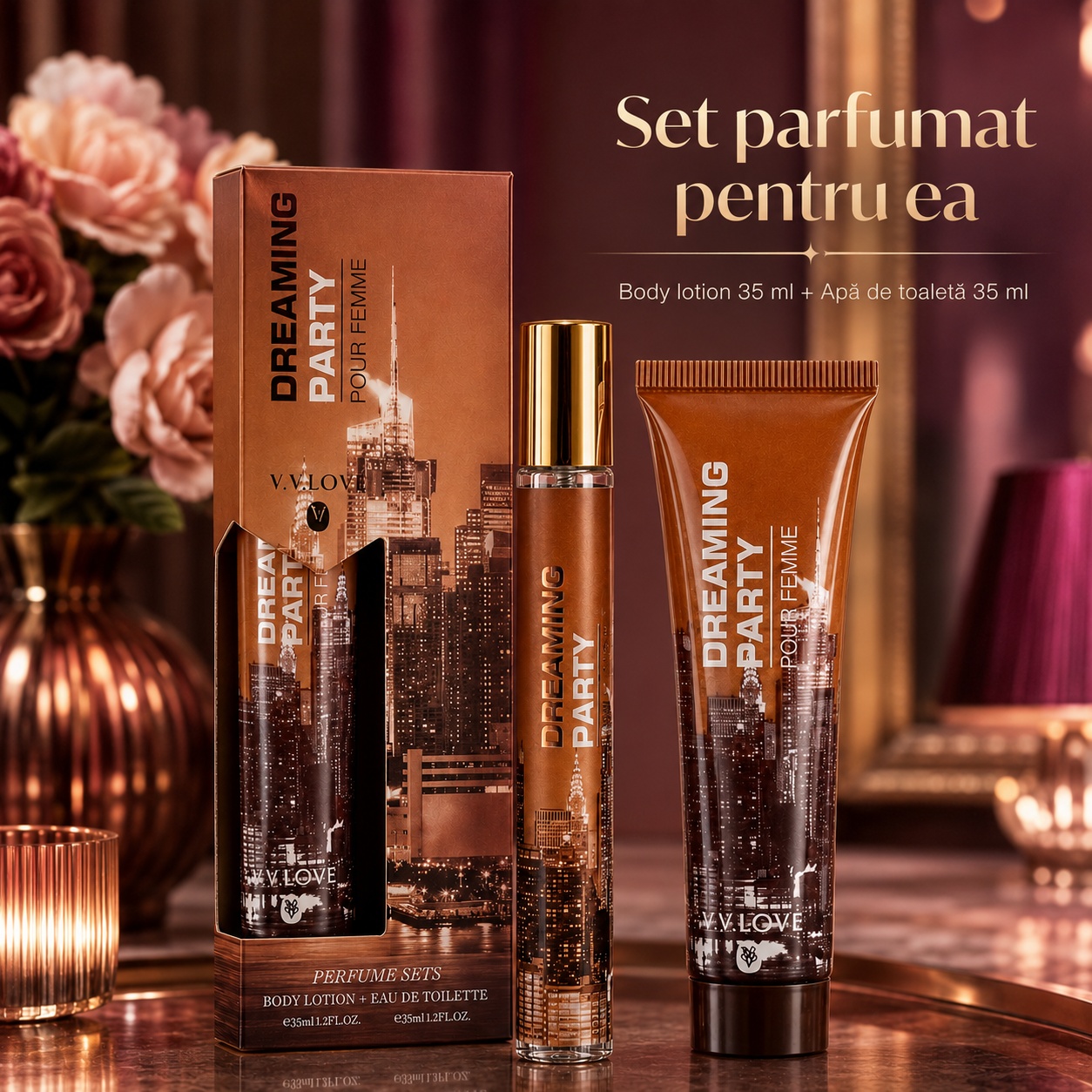 Dreaming Party Pour Femme set parfumat pentru ea, body lotion 35 ml și apă de toaletă 35 ml